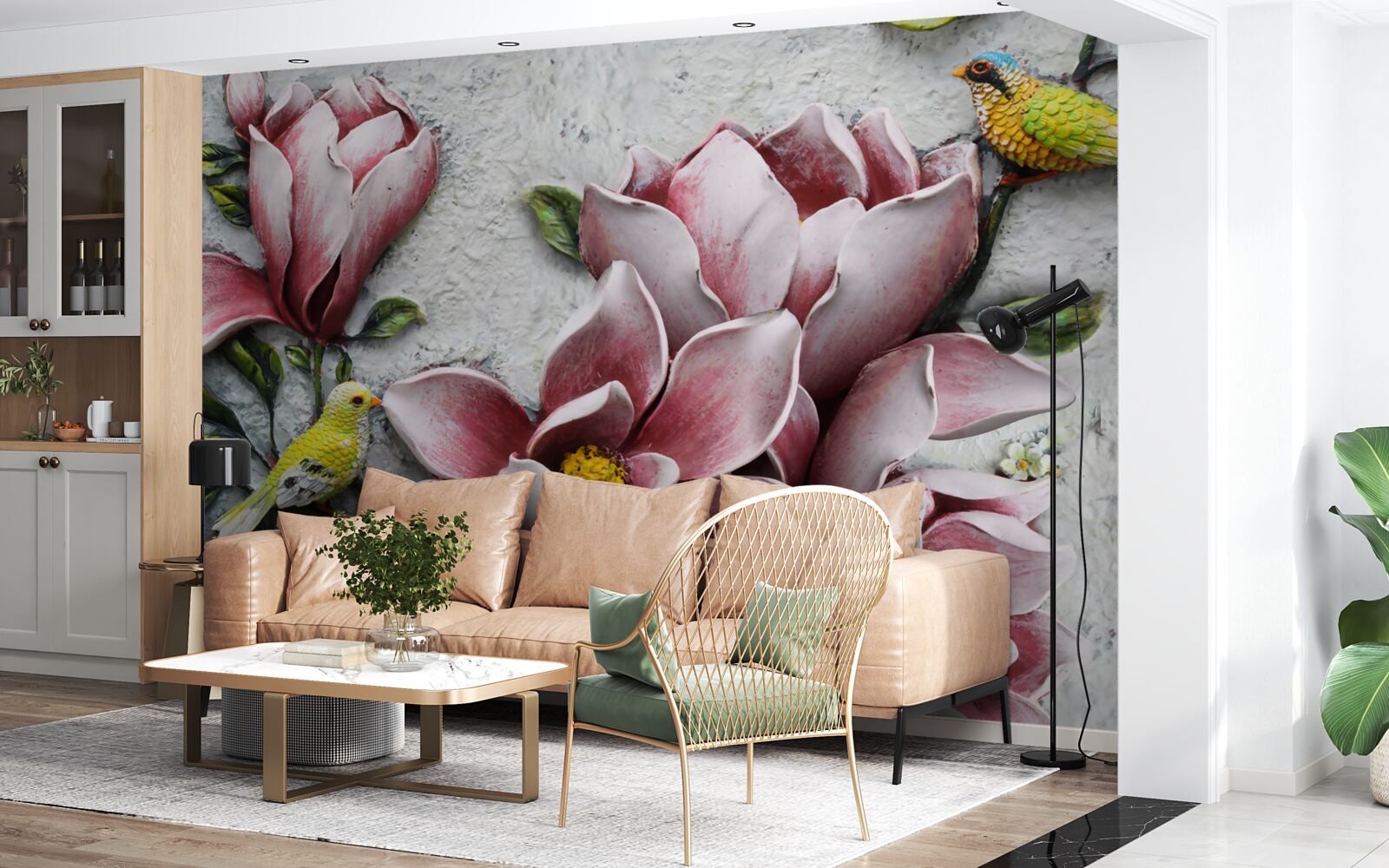 Fotobehang de lotus is rood en wit en de vogels zijn felgeel