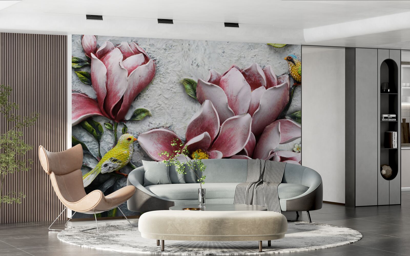 Fotobehang de lotus is rood en wit en de vogels zijn felgeel