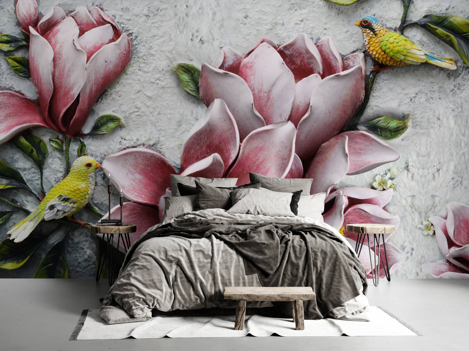 Fotobehang de lotus is rood en wit en de vogels zijn felgeel