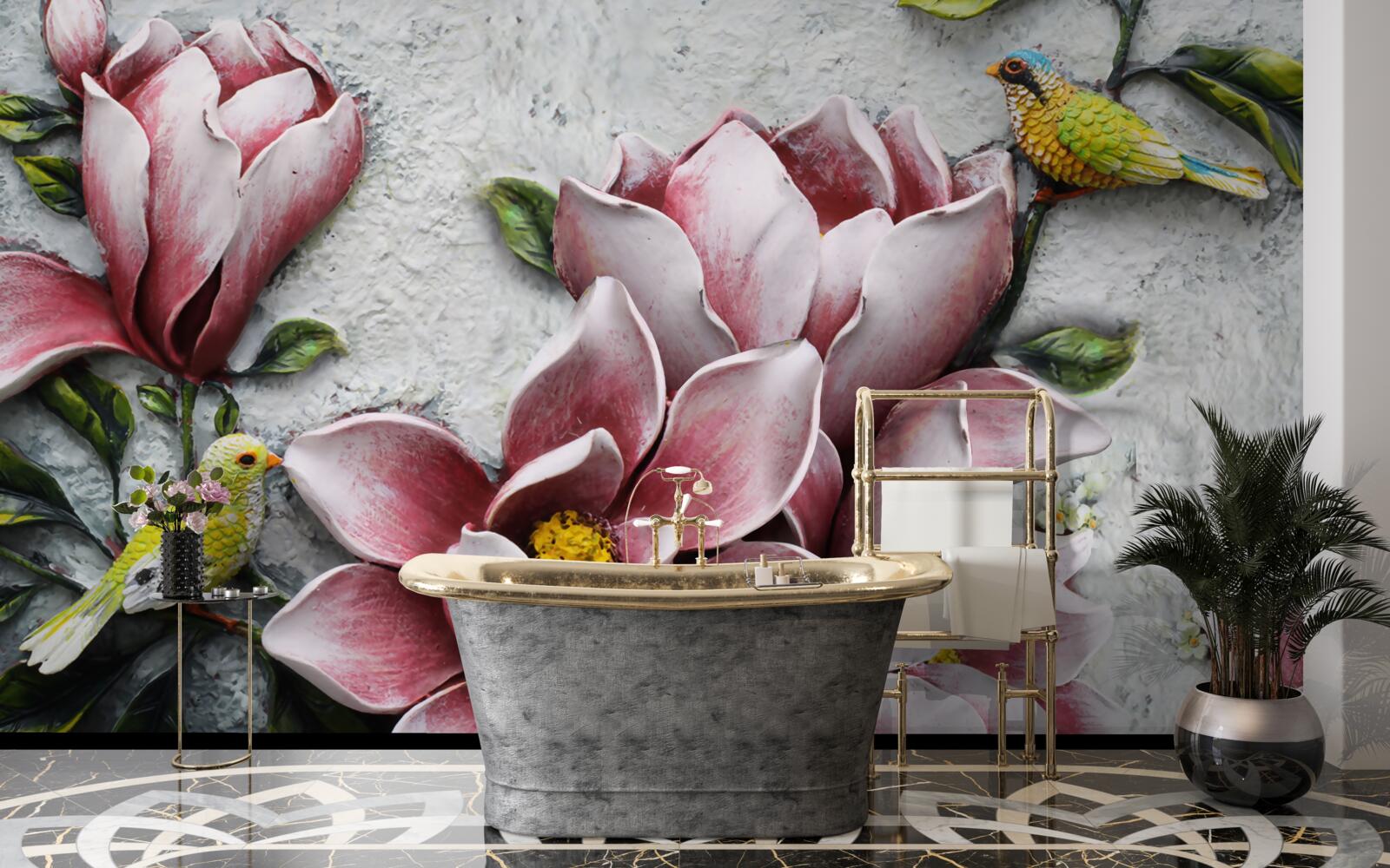 Fotobehang de lotus is rood en wit en de vogels zijn felgeel