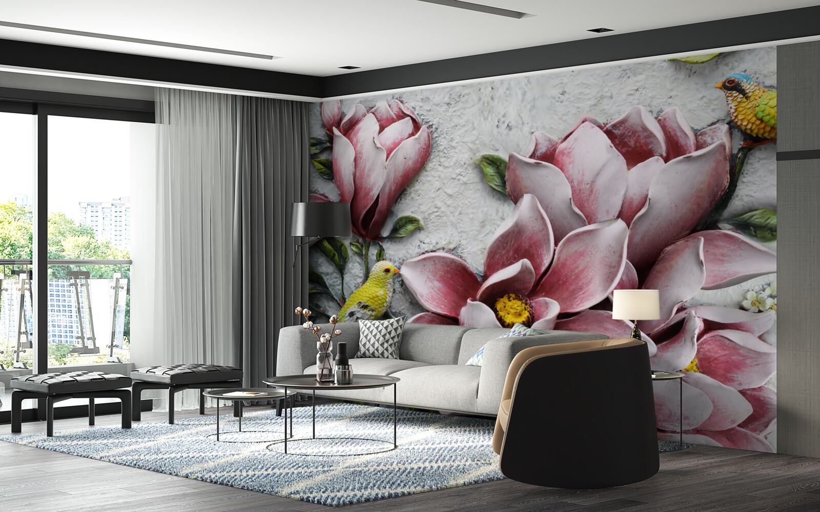 Fotobehang de lotus is rood en wit en de vogels zijn felgeel