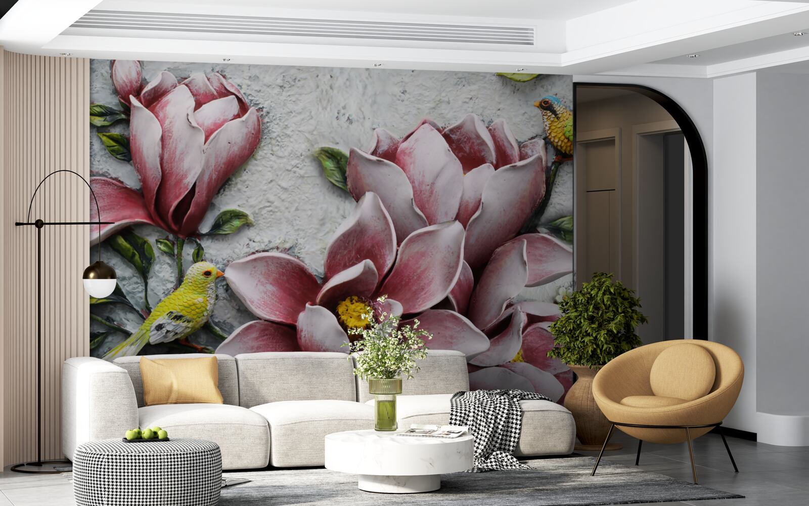 Fotobehang de lotus is rood en wit en de vogels zijn felgeel