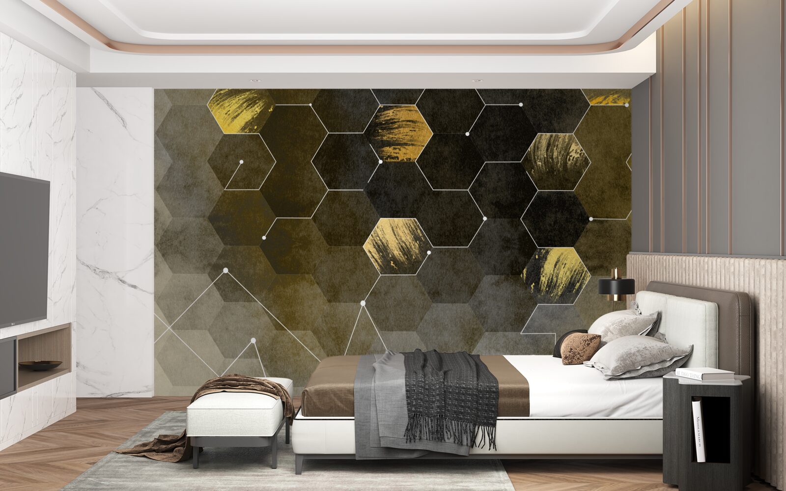 Fotobehang gouden vogels in de nachtelijke hemel