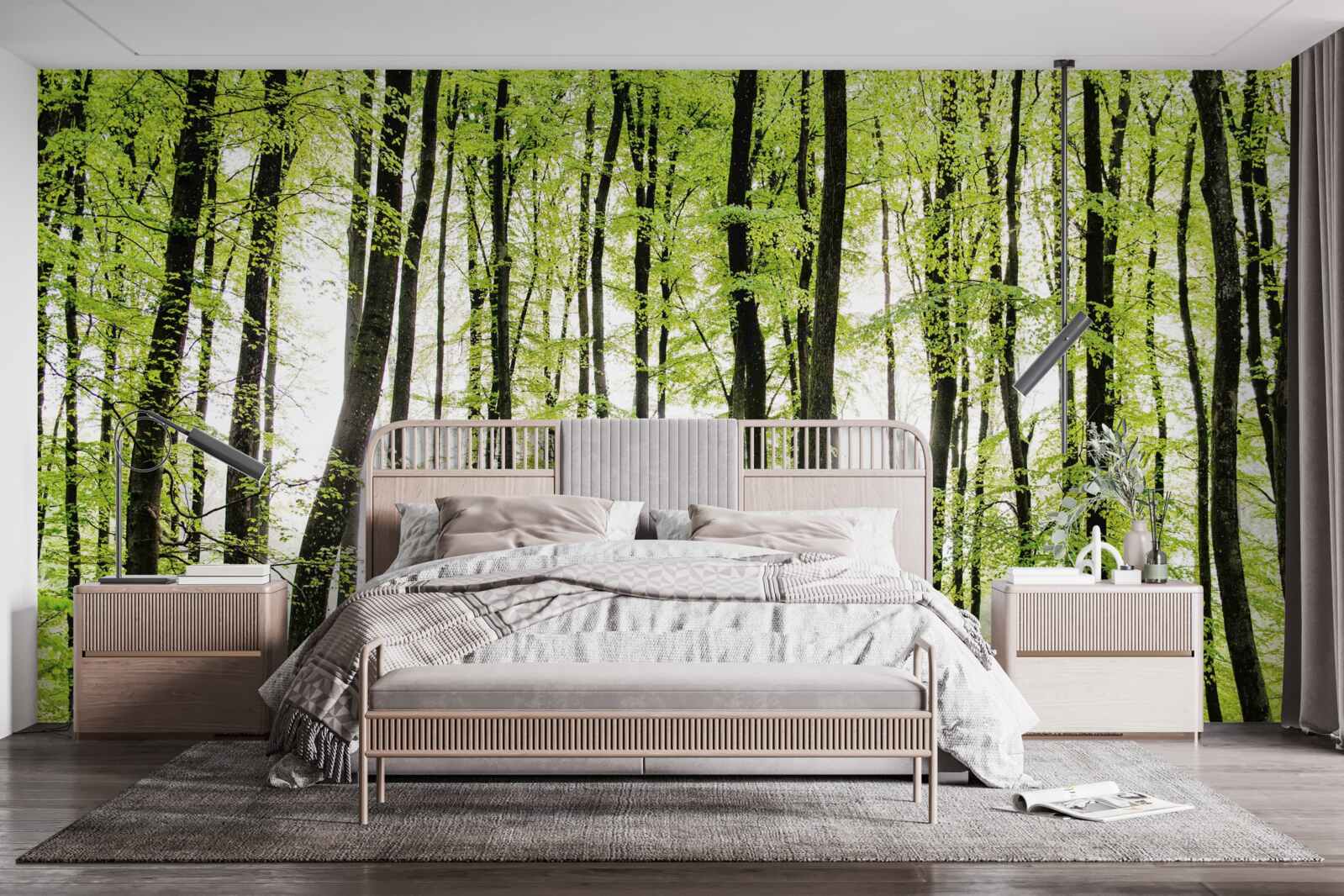 Fotobehang ochtendbomen die zich als slanke zuilen omhoog strekken