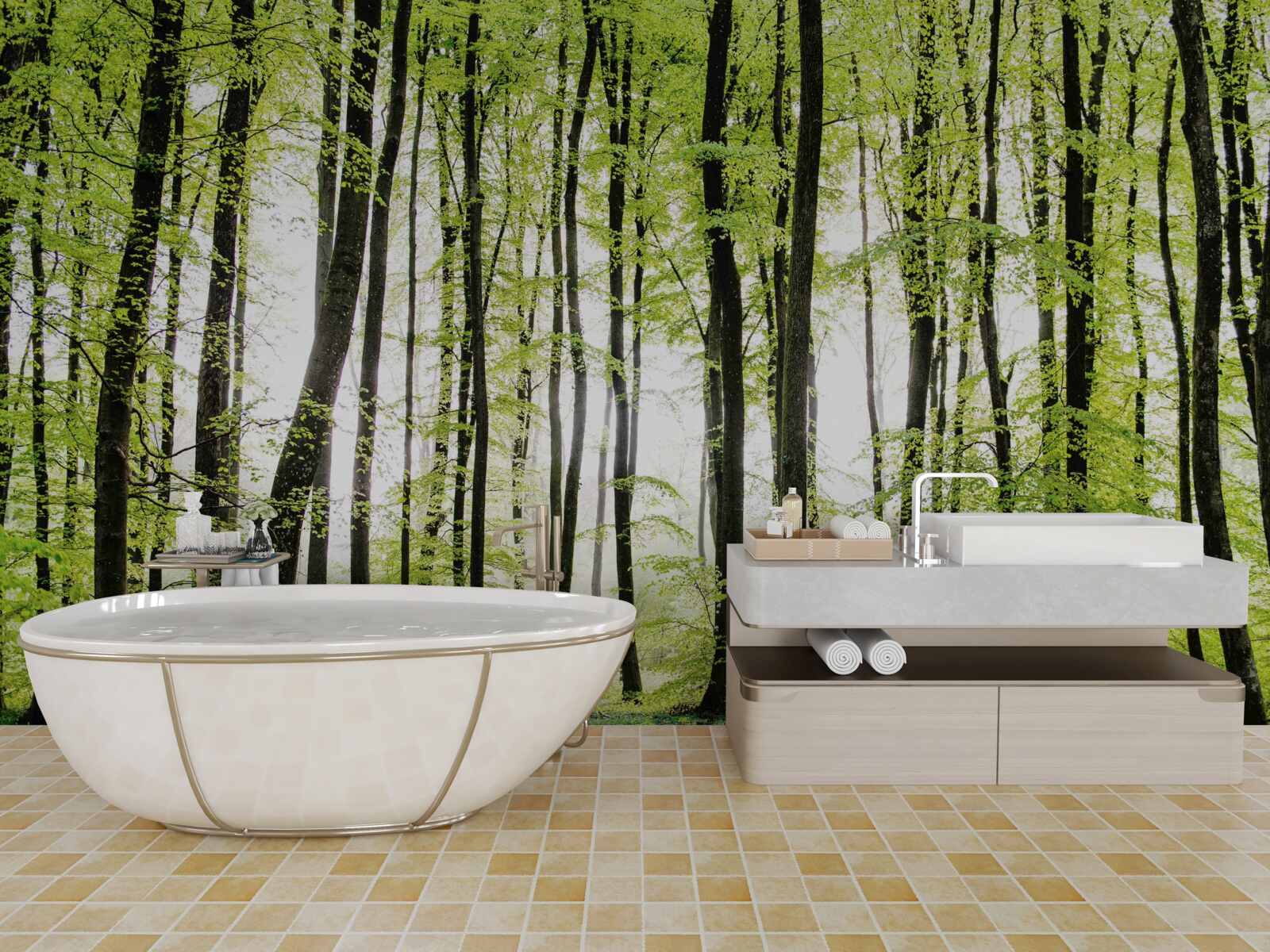 Fotobehang ochtendbomen die zich als slanke zuilen omhoog strekken