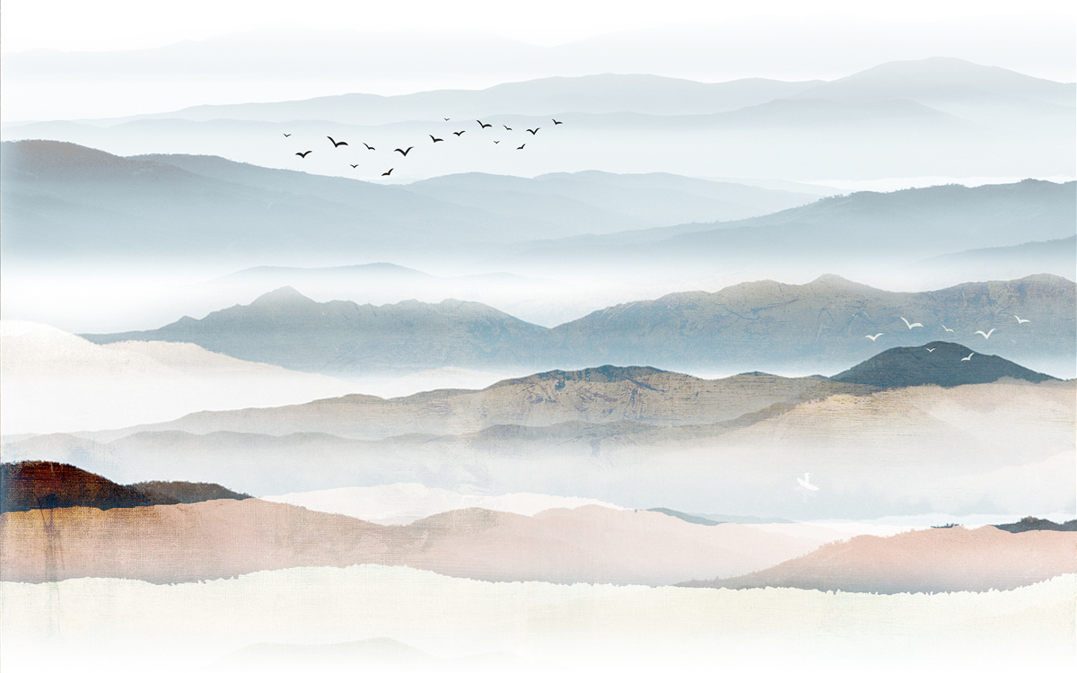 Fotobehang vogels vliegen over een bos gehuld in ochtendmist