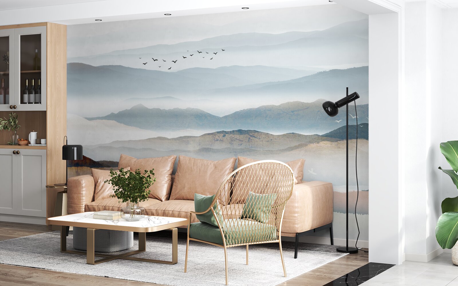 Fotobehang vogels vliegen over een bos gehuld in ochtendmist