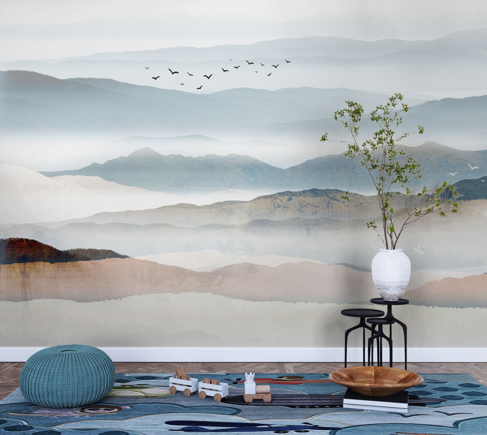 Fotobehang vogels vliegen over een bos gehuld in ochtendmist