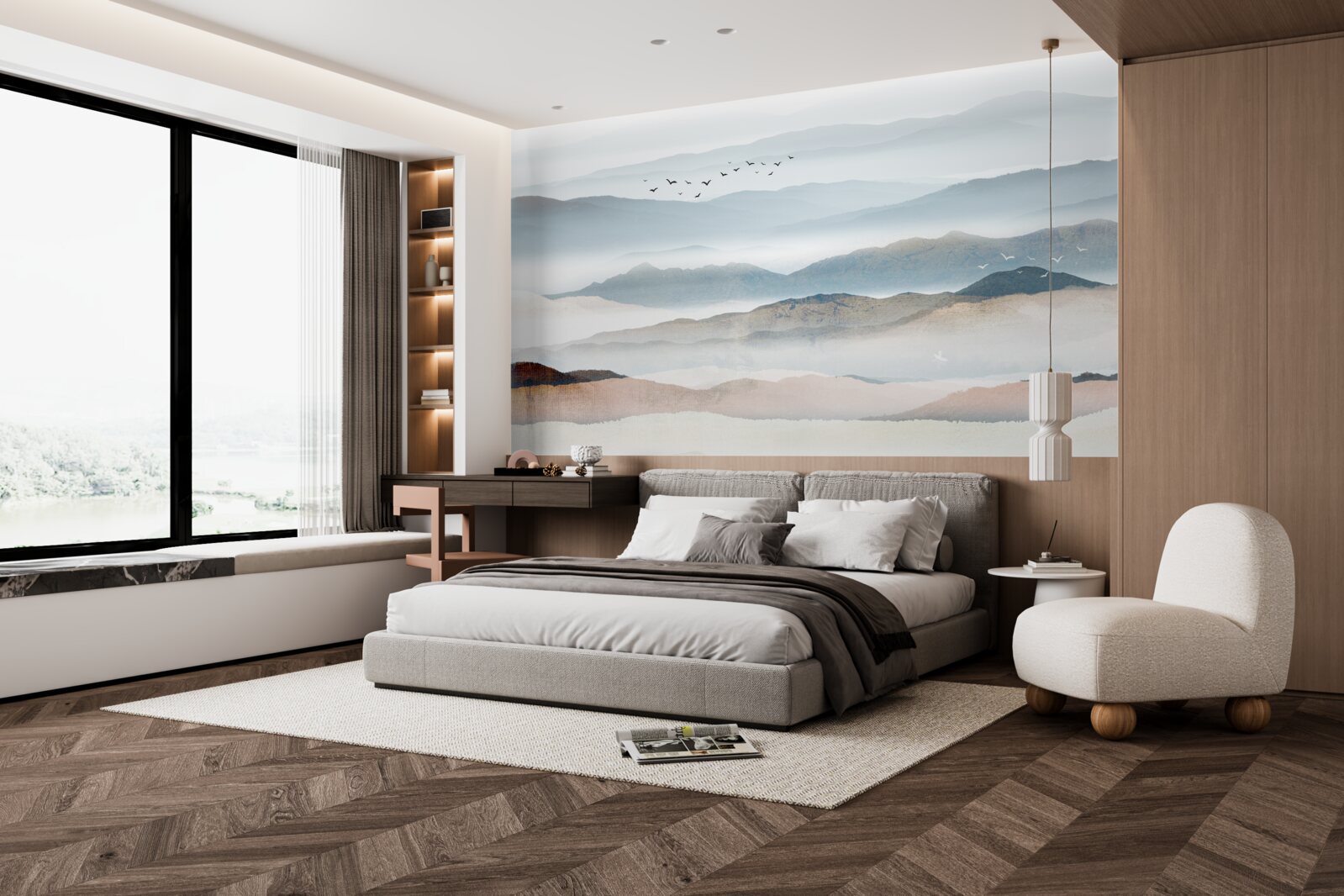 Fotobehang vogels vliegen over een bos gehuld in ochtendmist