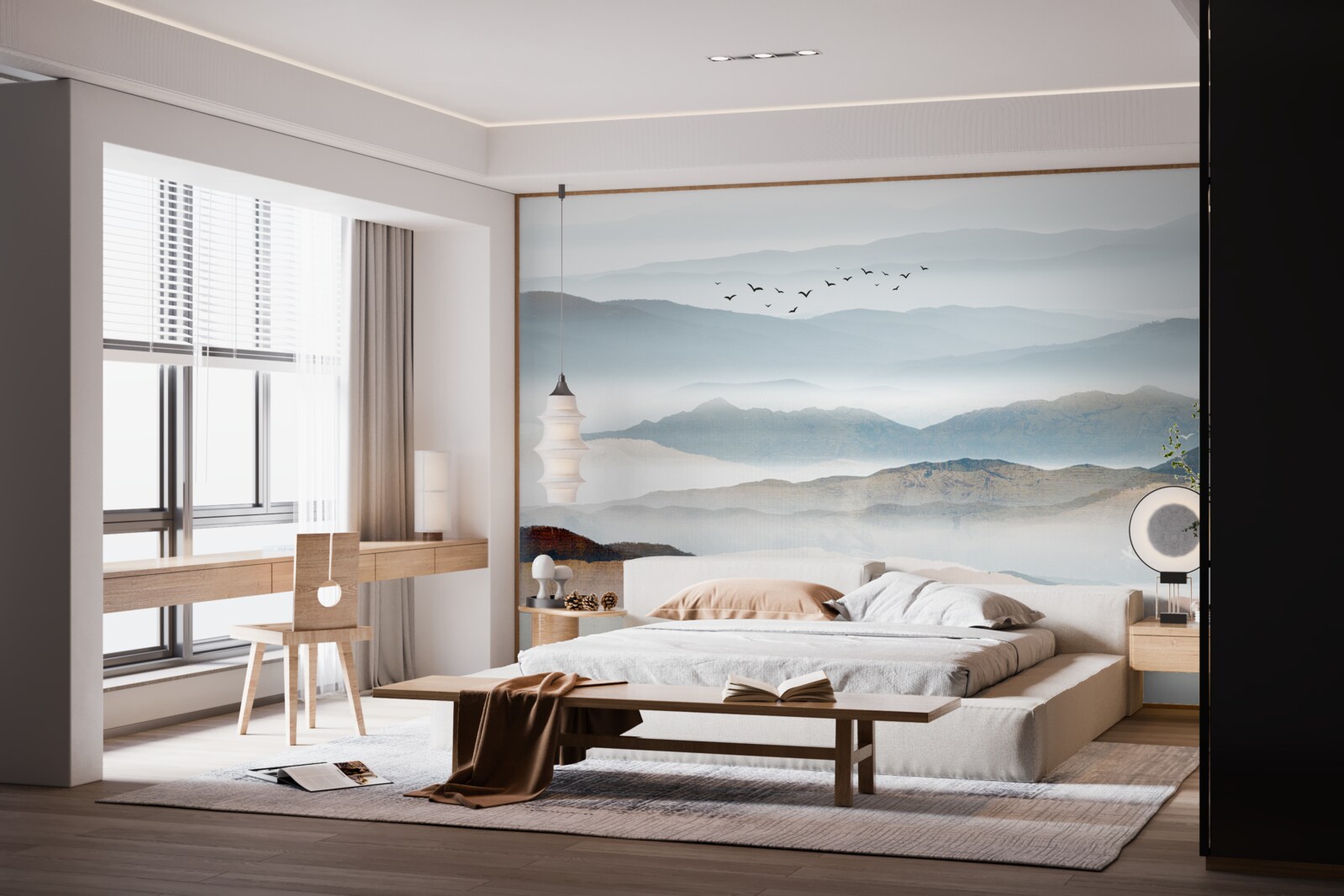 Fotobehang vogels vliegen over een bos gehuld in ochtendmist