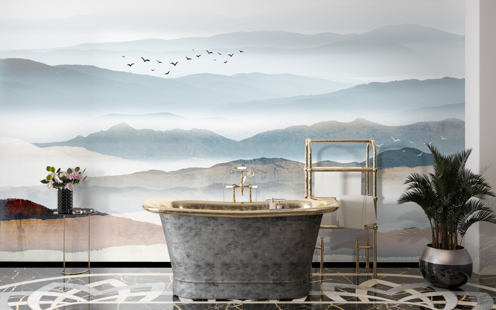 Fotobehang vogels vliegen over een bos gehuld in ochtendmist