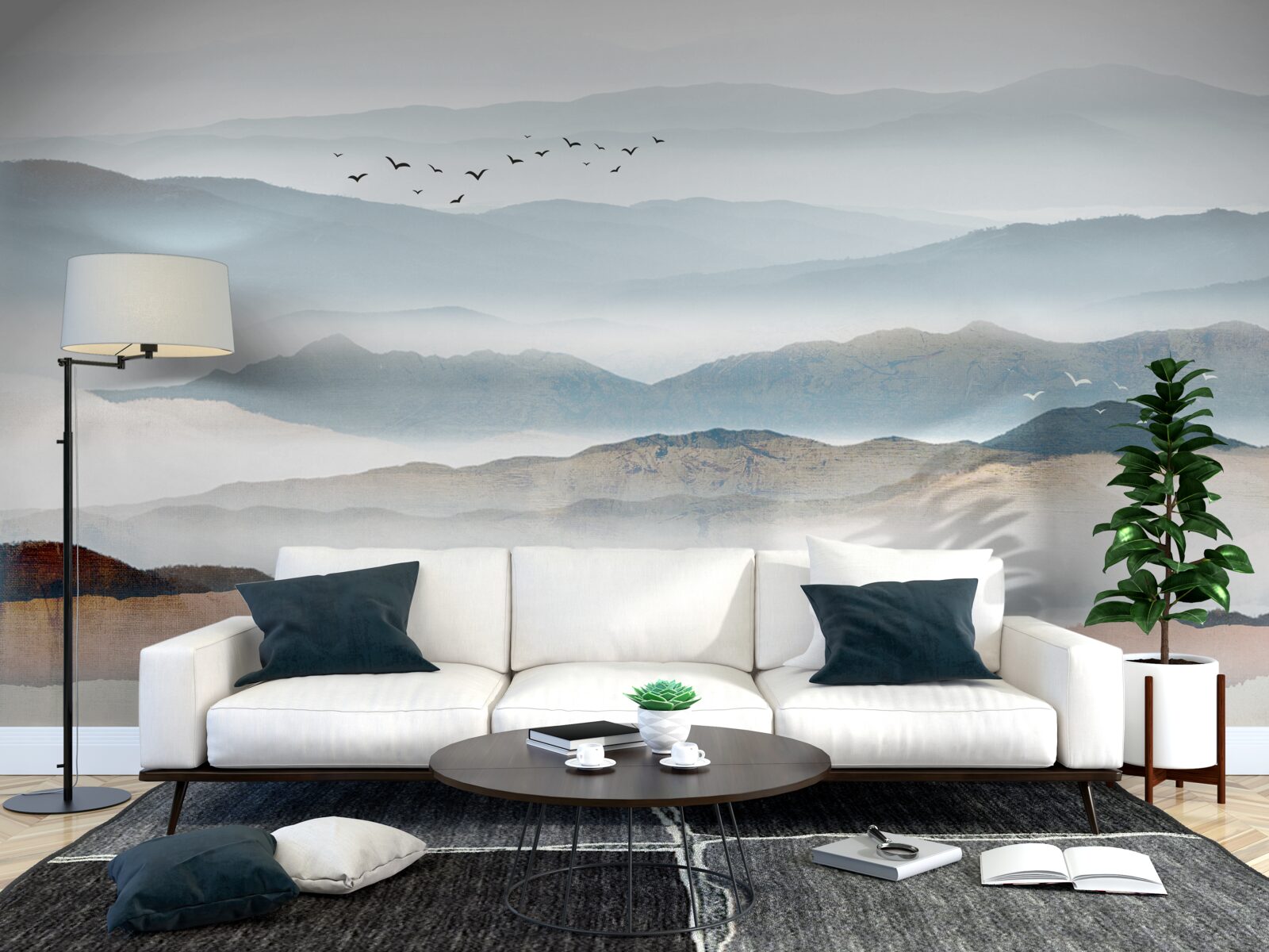 Fotobehang vogels vliegen over een bos gehuld in ochtendmist