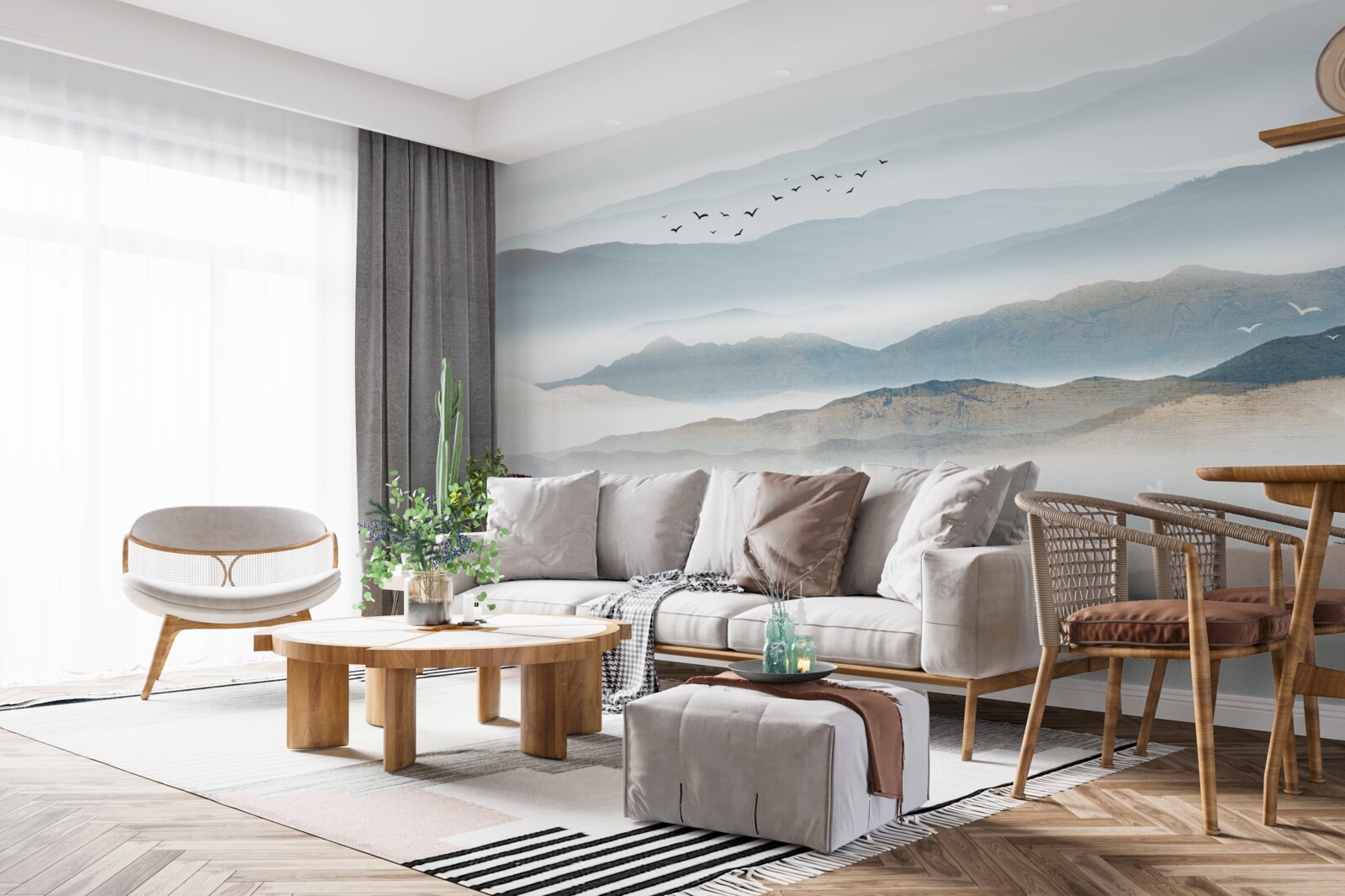 Fotobehang vogels vliegen over een bos gehuld in ochtendmist