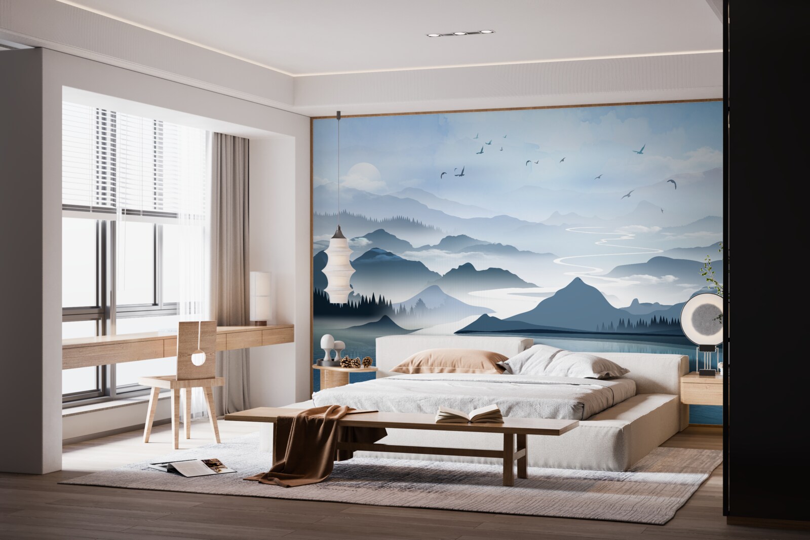 Fotobehang alleen bij zonsopgang vissen op een meer