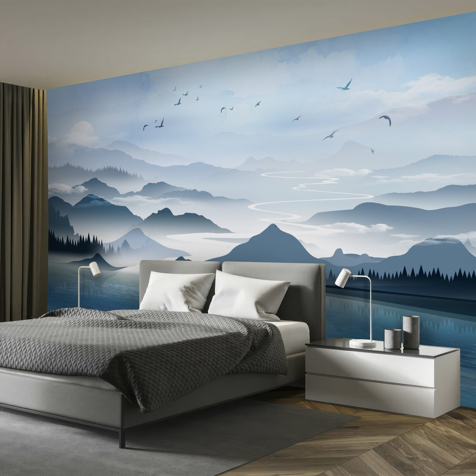 Fotobehang alleen bij zonsopgang vissen op een meer