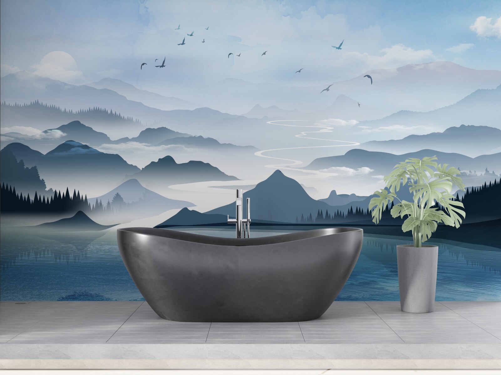 Fotobehang alleen bij zonsopgang vissen op een meer