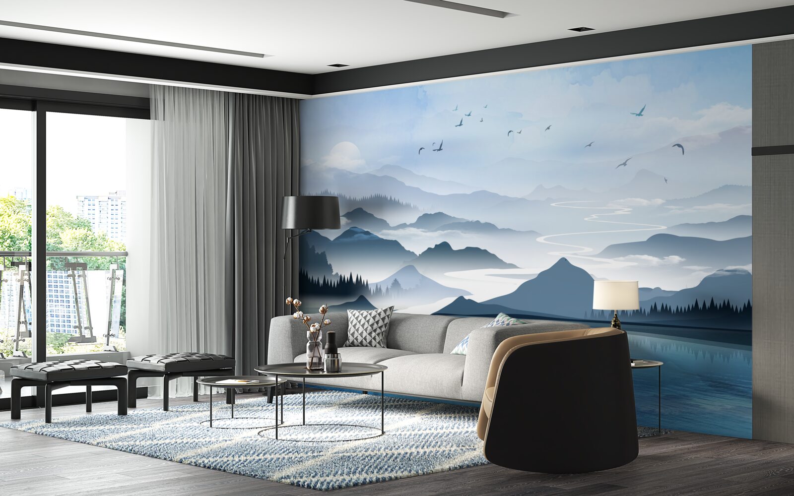 Fotobehang alleen bij zonsopgang vissen op een meer