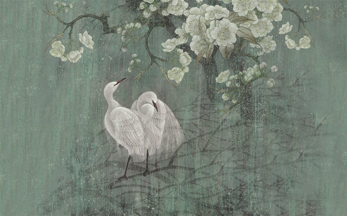 Fotobehang zwanen zwemmen in volle bloei onder de boom