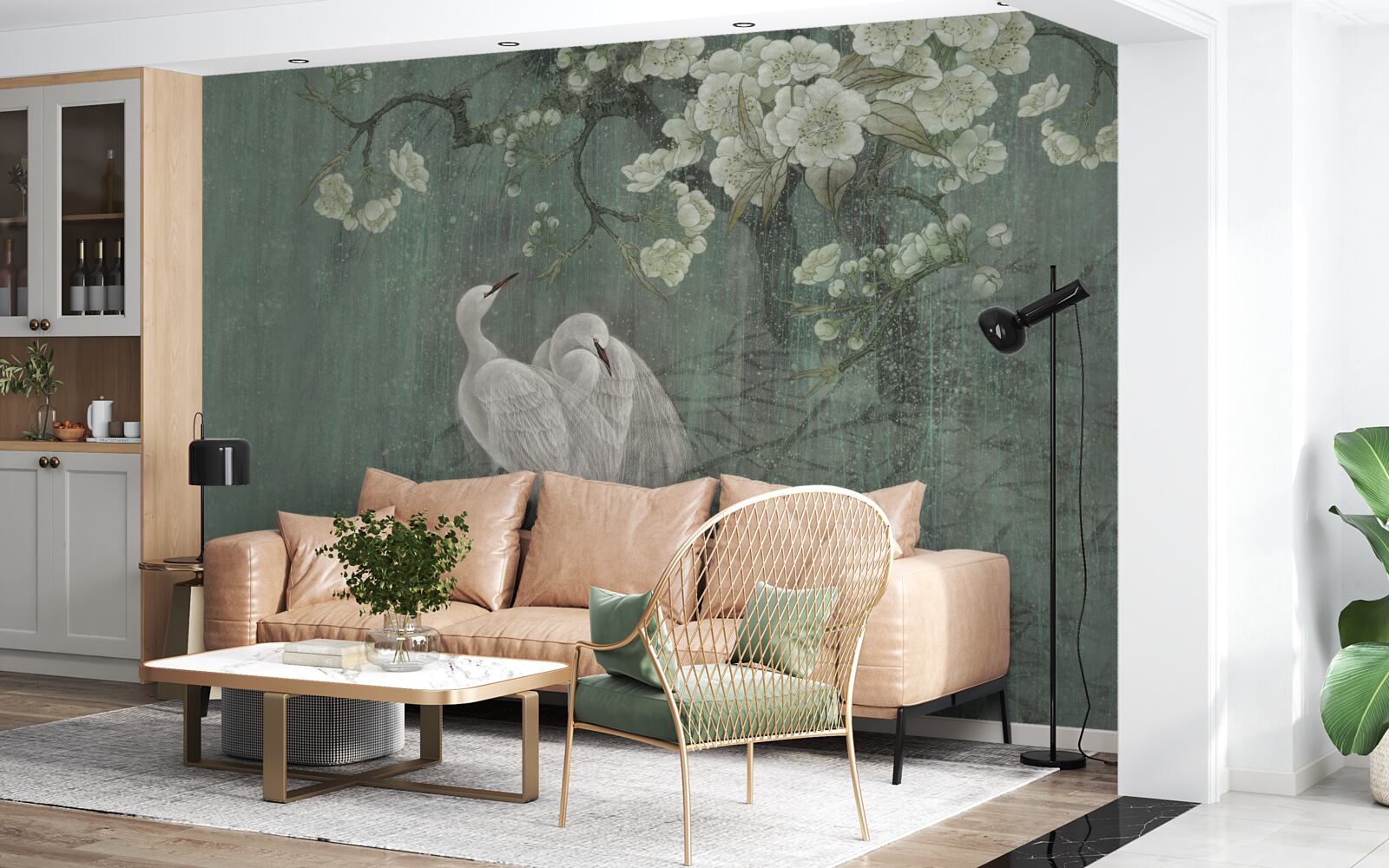 Fotobehang zwanen zwemmen in volle bloei onder de boom