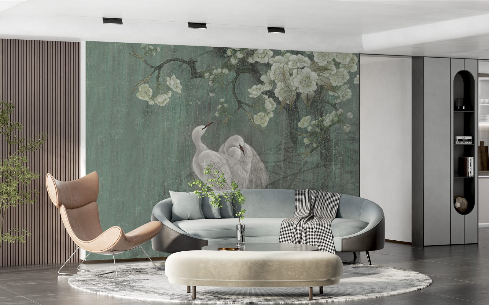 Fotobehang zwanen zwemmen in volle bloei onder de boom