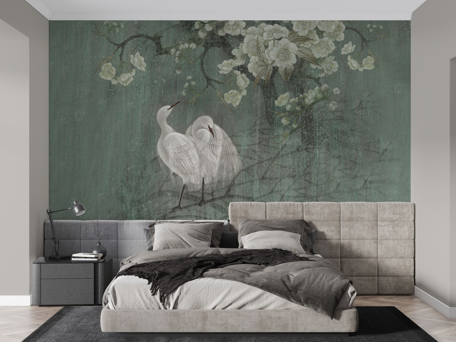 Fotobehang zwanen zwemmen in volle bloei onder de boom