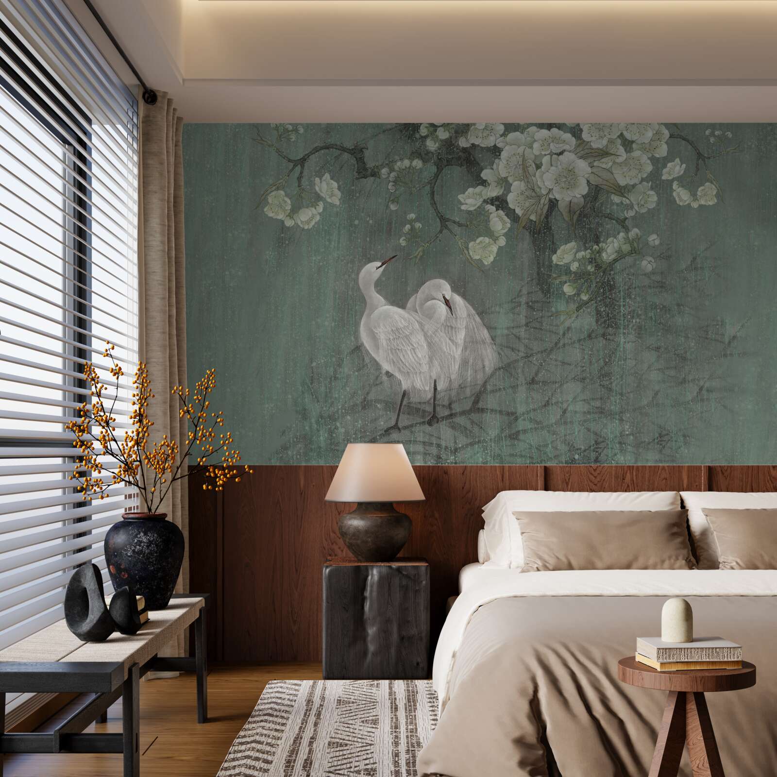 Fotobehang zwanen zwemmen in volle bloei onder de boom