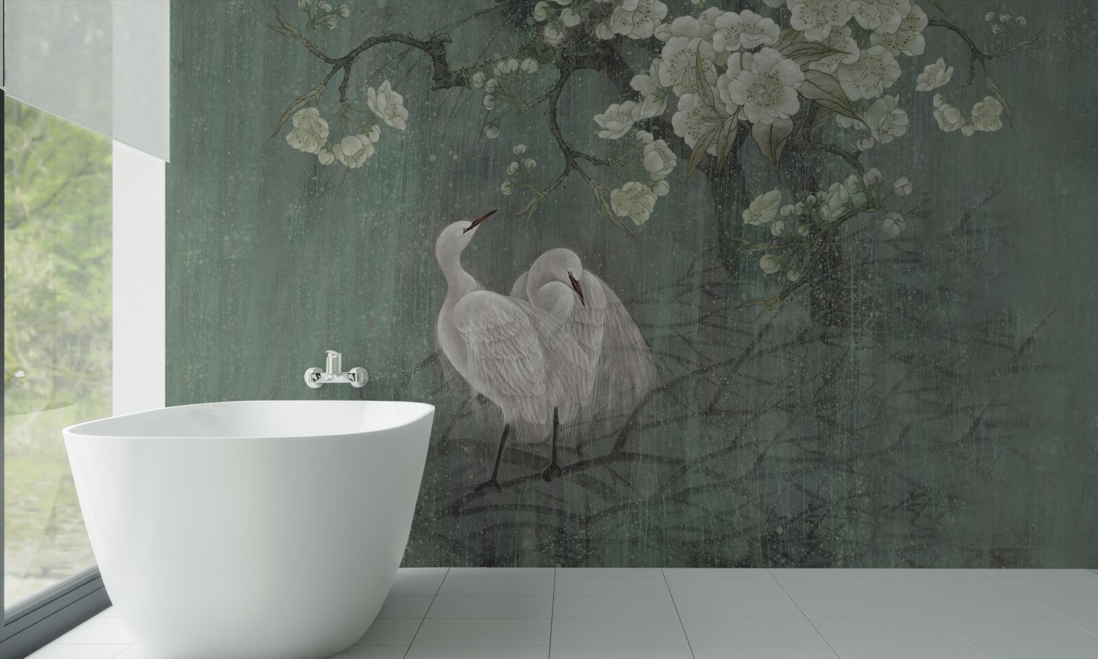 Fotobehang zwanen zwemmen in volle bloei onder de boom