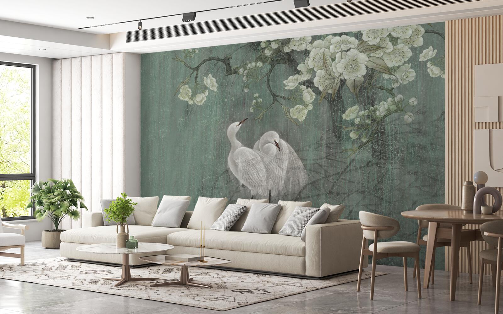 Fotobehang zwanen zwemmen in volle bloei onder de boom