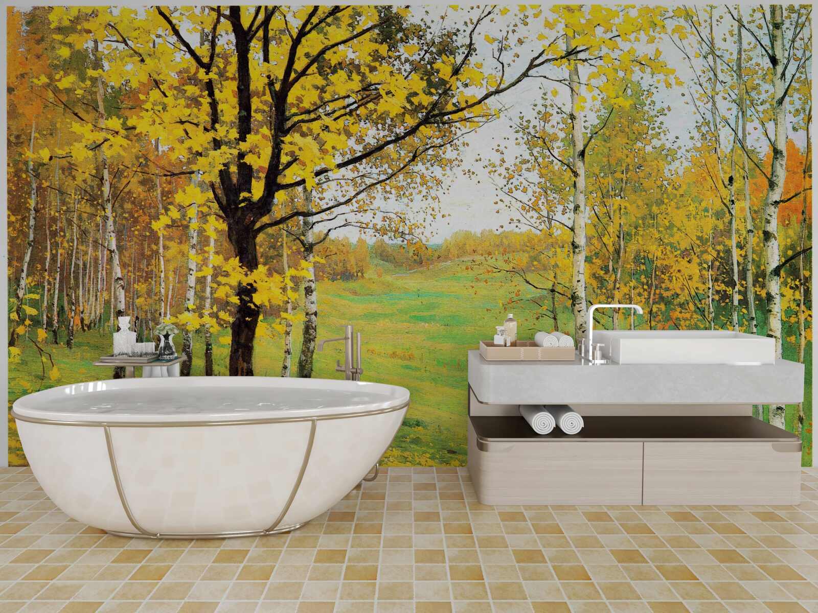 Fotobehang Het herfstbos is gehuld in verbazingwekkende tinten