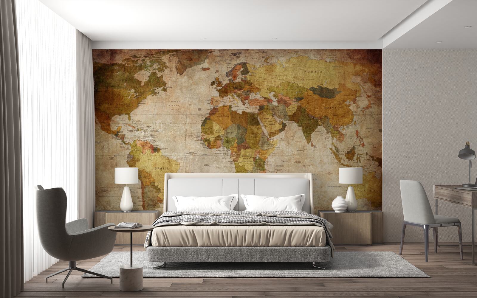 Fotobehang wereldkaart in bruintinten