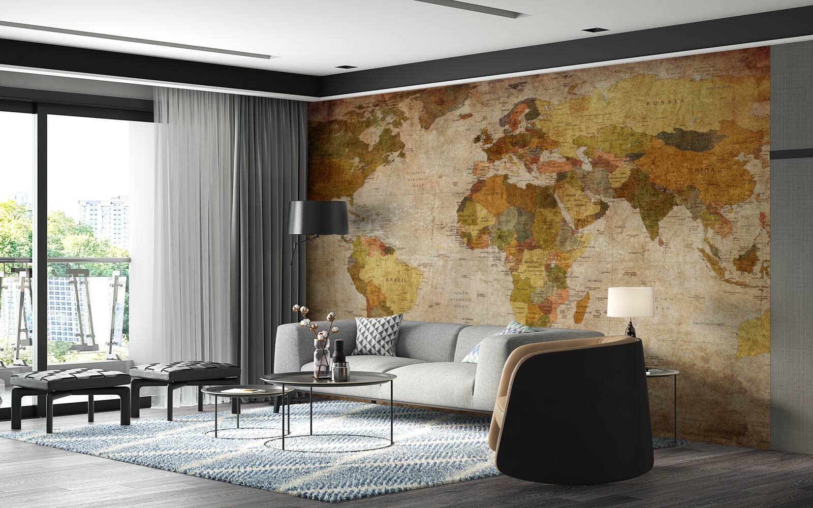 Fotobehang wereldkaart in bruintinten