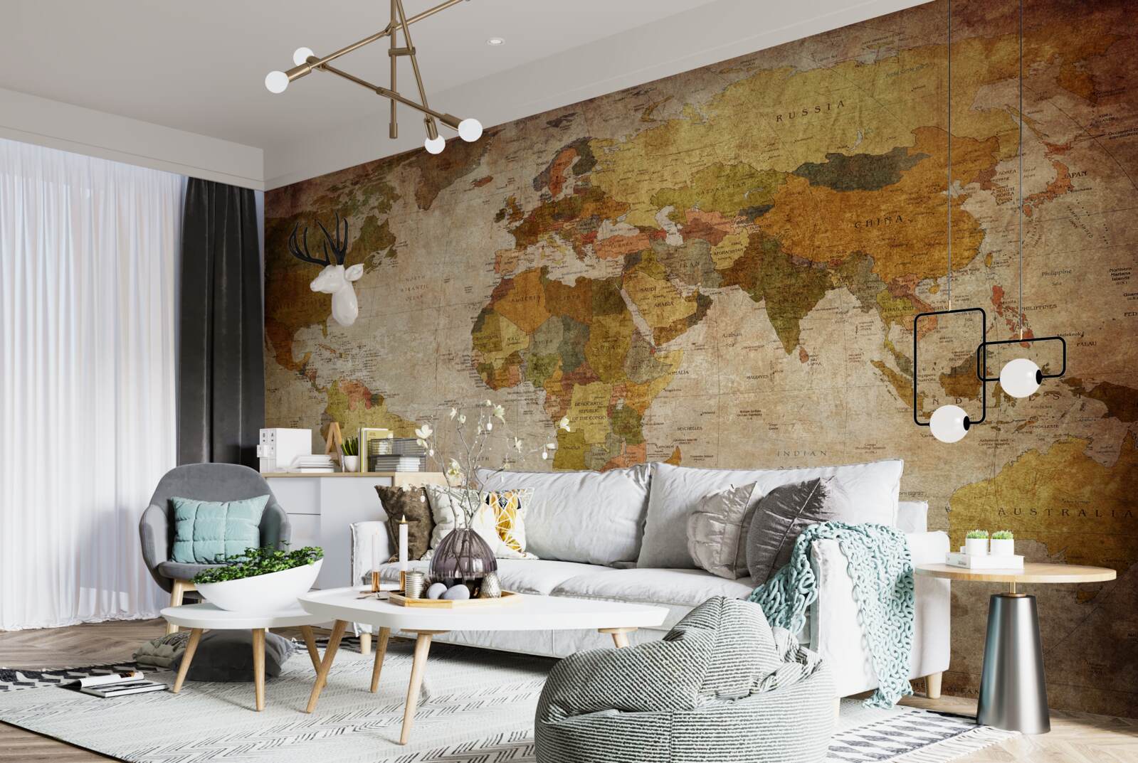 Fotobehang wereldkaart in bruintinten