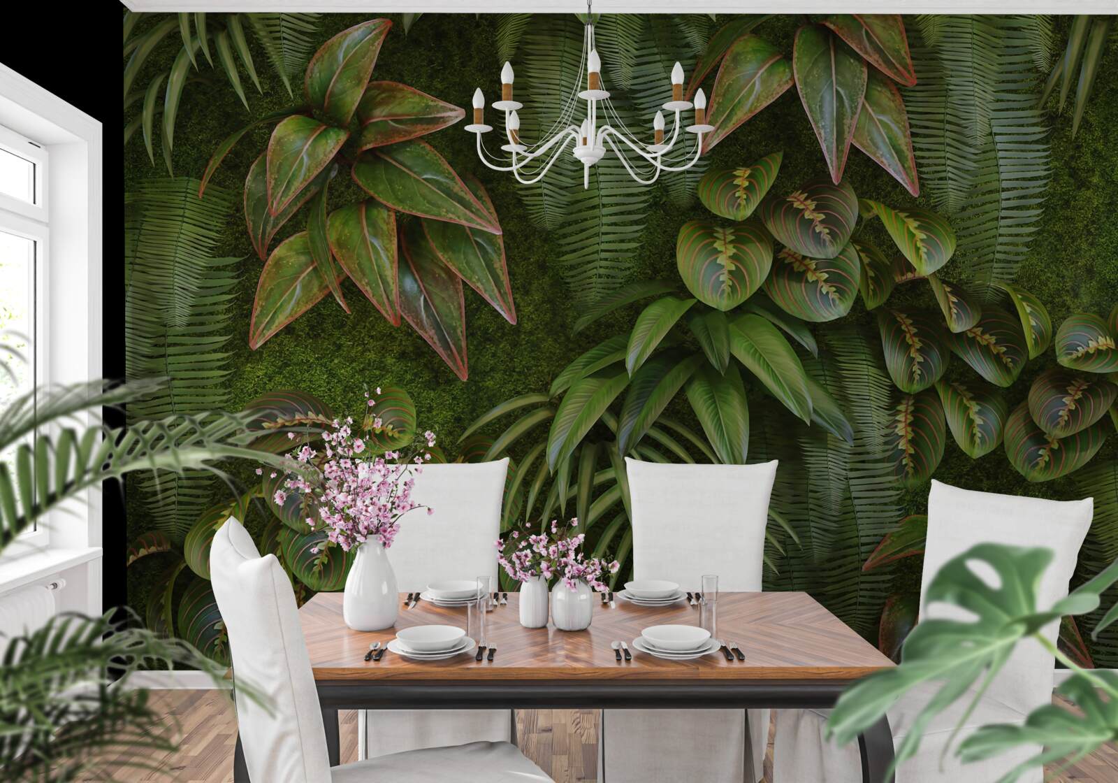 Fotobehang de bladeren van bananen en varens donkergroen zijn