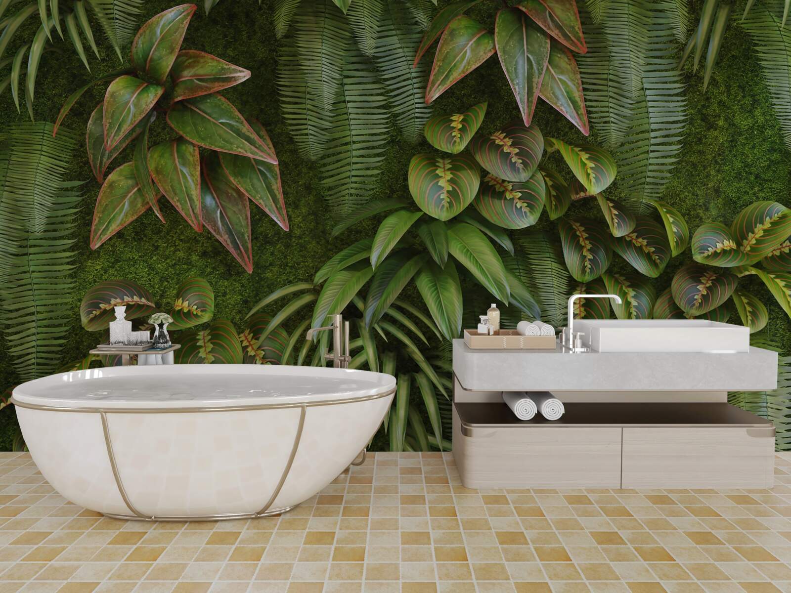 Fotobehang de bladeren van bananen en varens donkergroen zijn