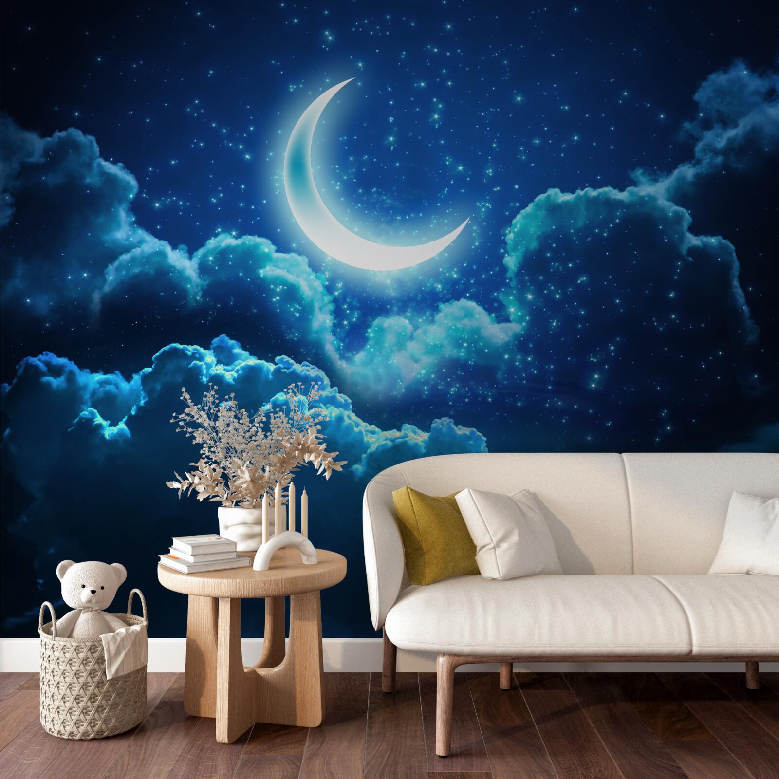 Fotobehang magische maan vliegt over avondwolken