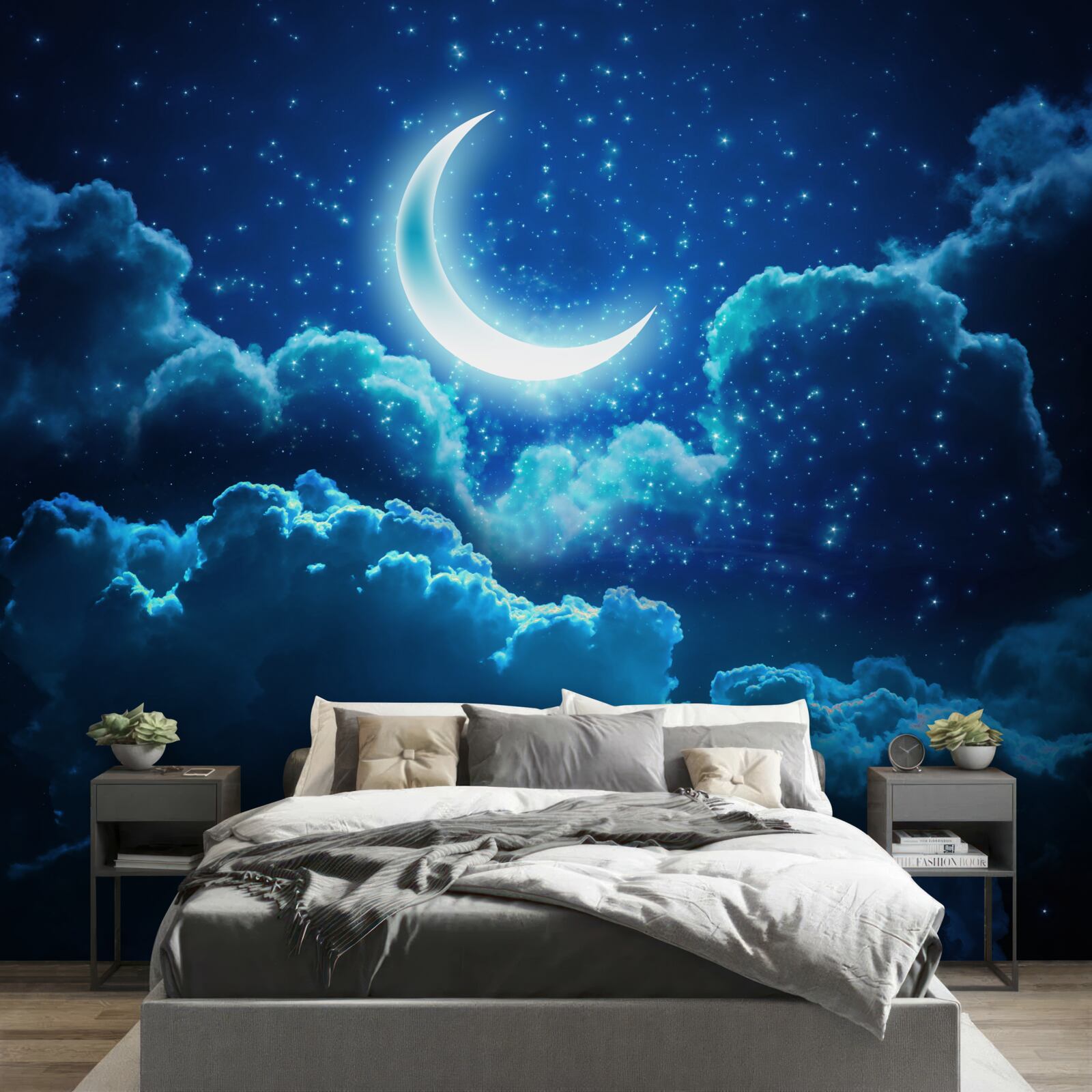 Fotobehang magische maan vliegt over avondwolken