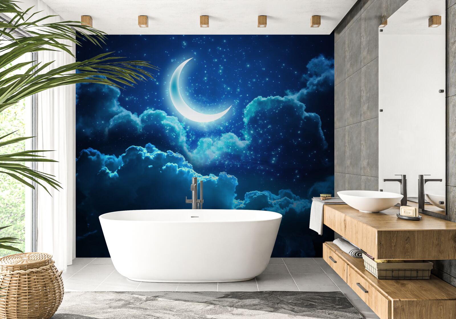 Fotobehang magische maan vliegt over avondwolken