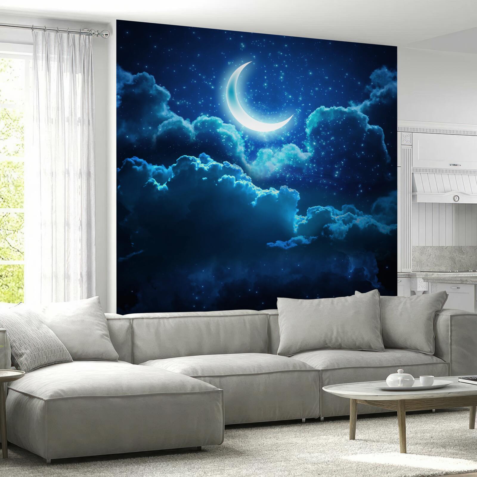 Fotobehang magische maan vliegt over avondwolken