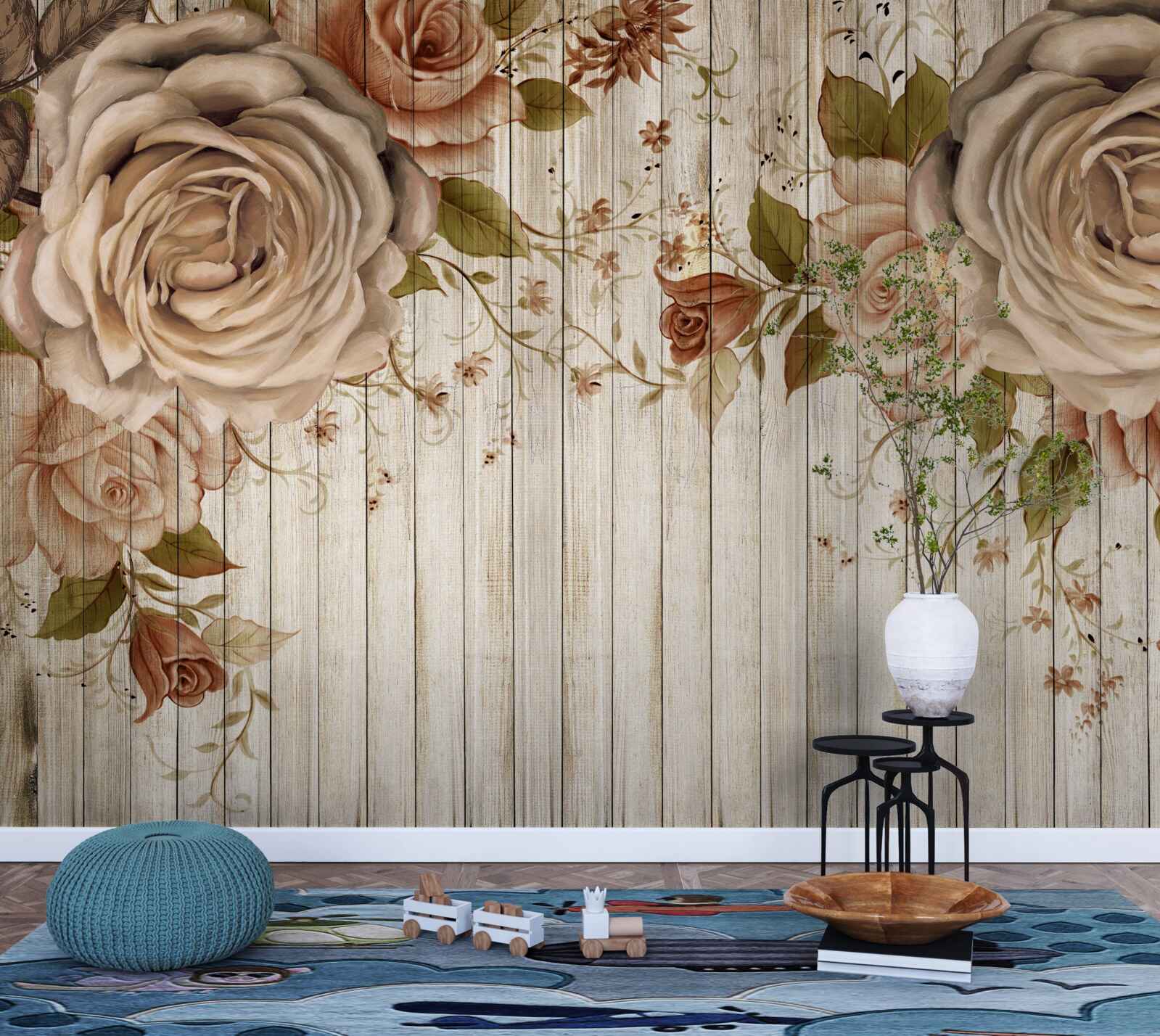 Fotobehang Verse rozen in delicate crèmetinten op een lichte parketvloer