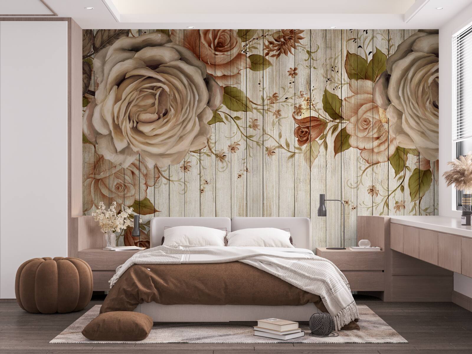 Fotobehang Verse rozen in delicate crèmetinten op een lichte parketvloer