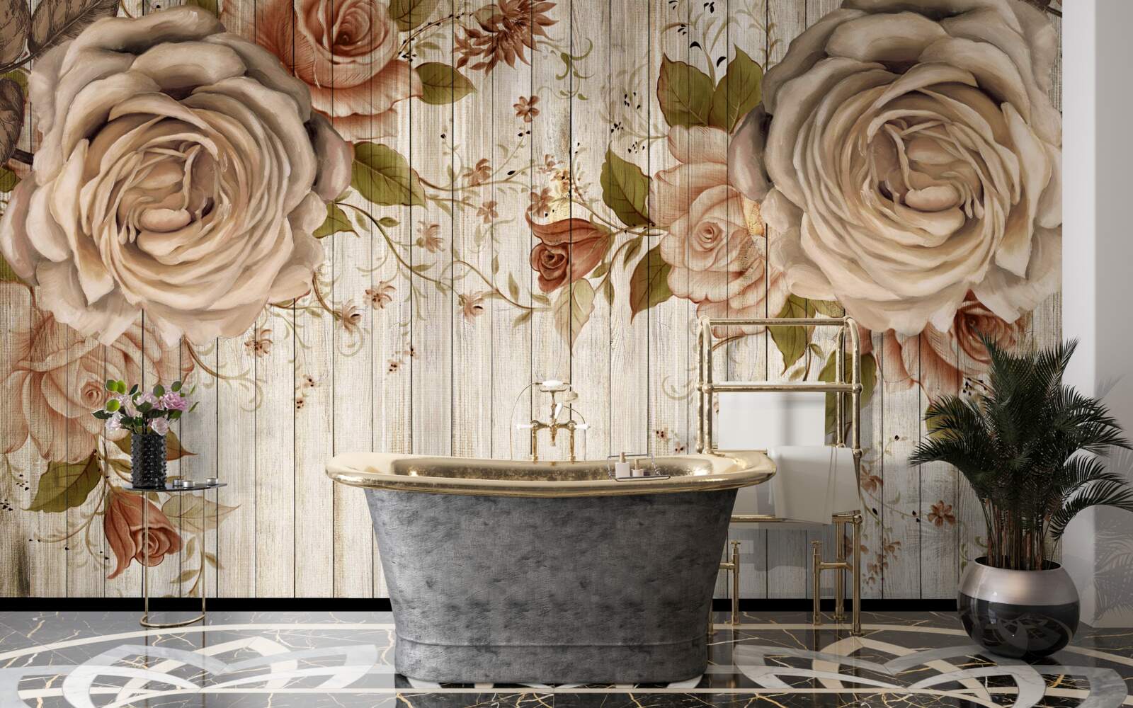 Fotobehang Verse rozen in delicate crèmetinten op een lichte parketvloer