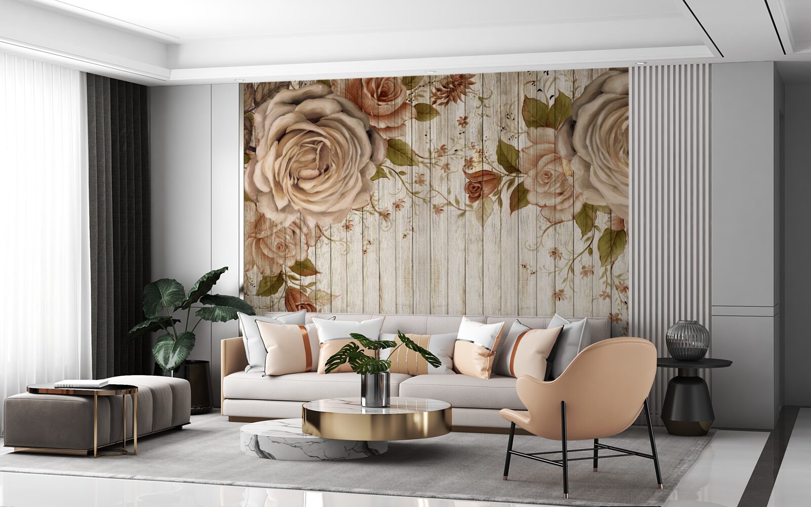 Fotobehang Verse rozen in delicate crèmetinten op een lichte parketvloer