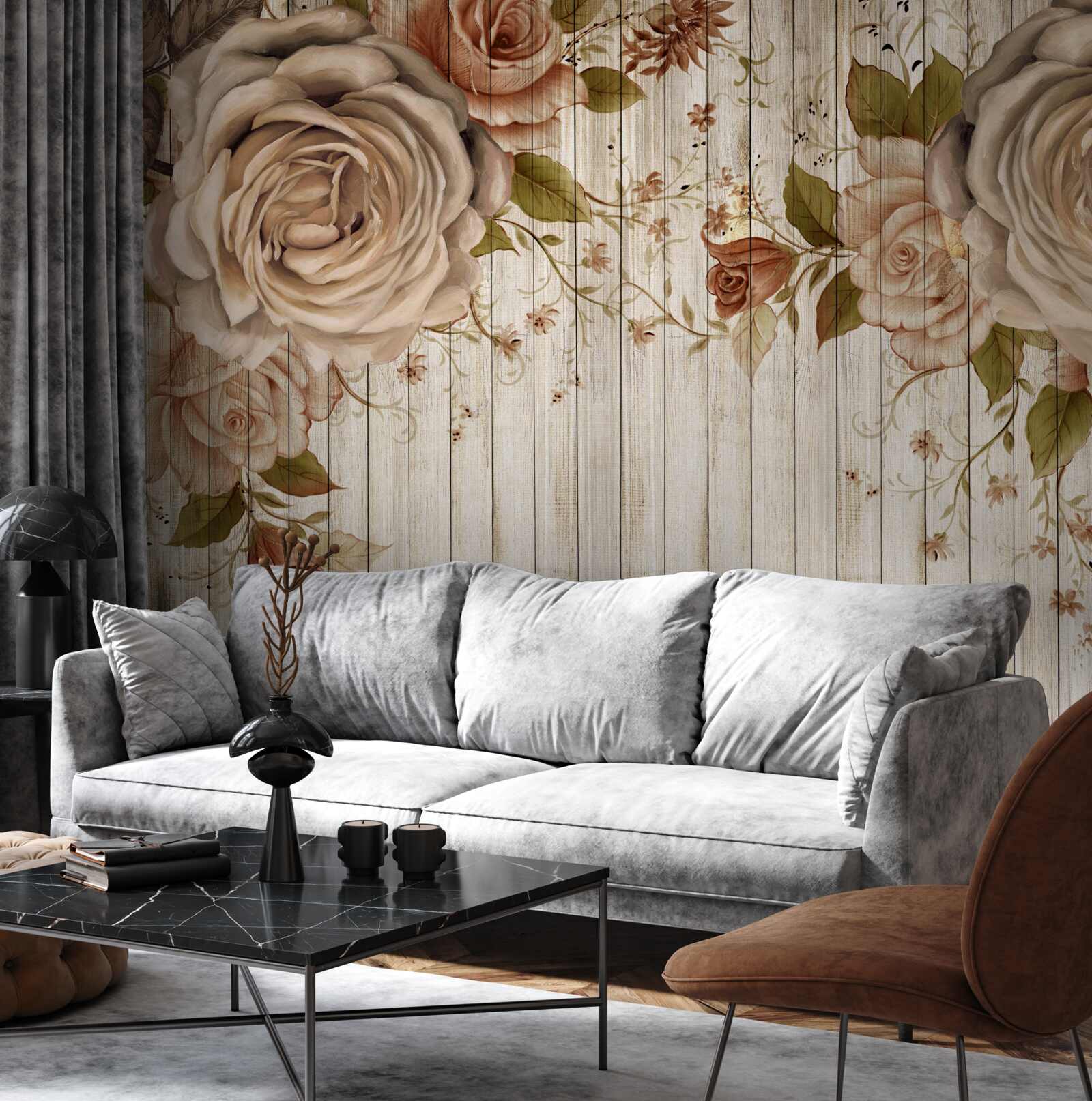 Fotobehang Verse rozen in delicate crèmetinten op een lichte parketvloer