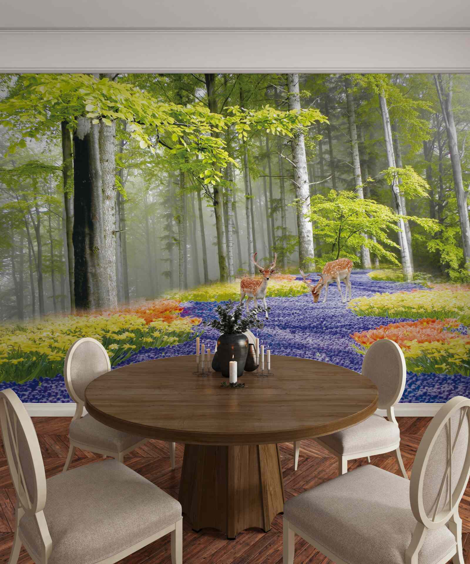 Fotobehang herten lopen door een groen bos