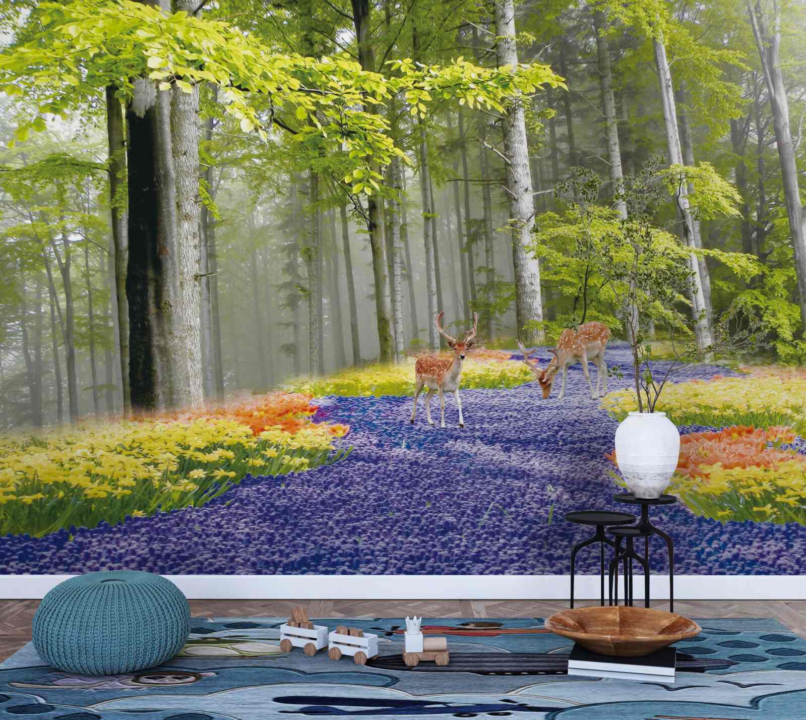 Fotobehang herten lopen door een groen bos