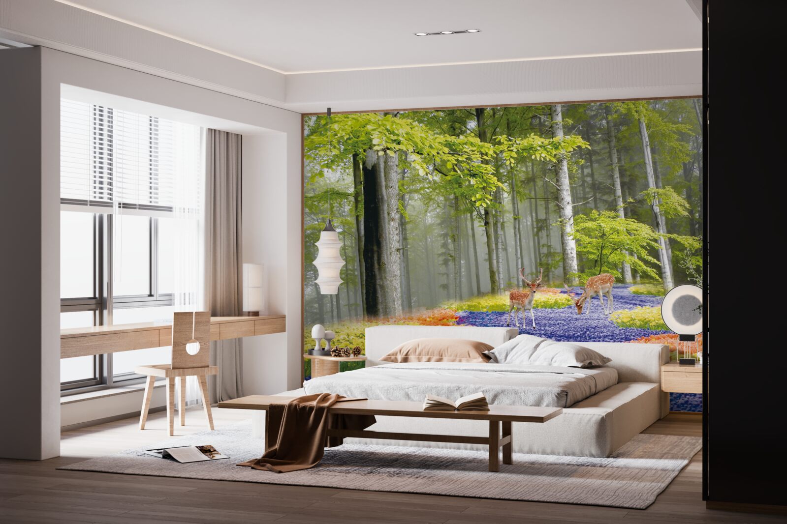 Fotobehang herten lopen door een groen bos