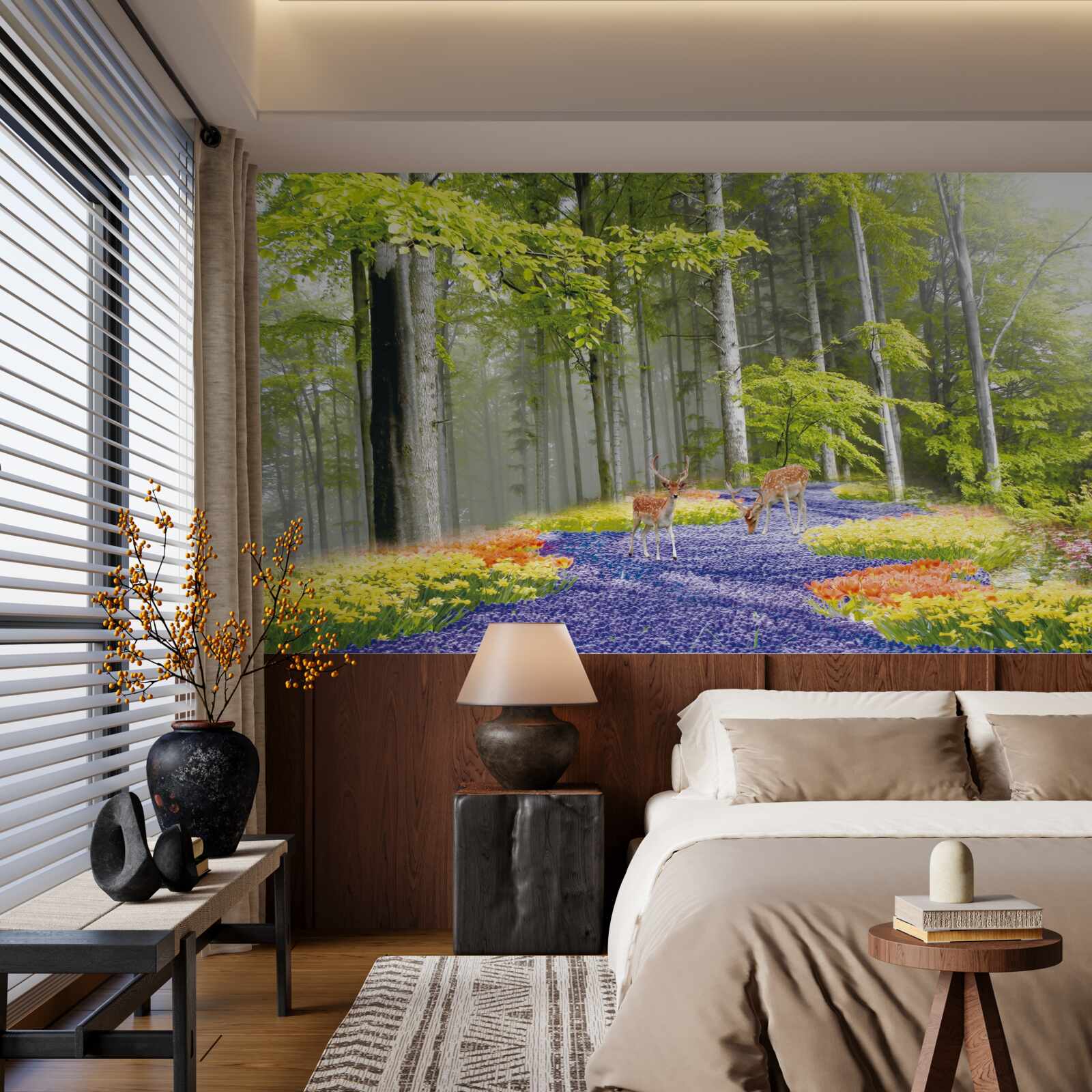 Fotobehang herten lopen door een groen bos