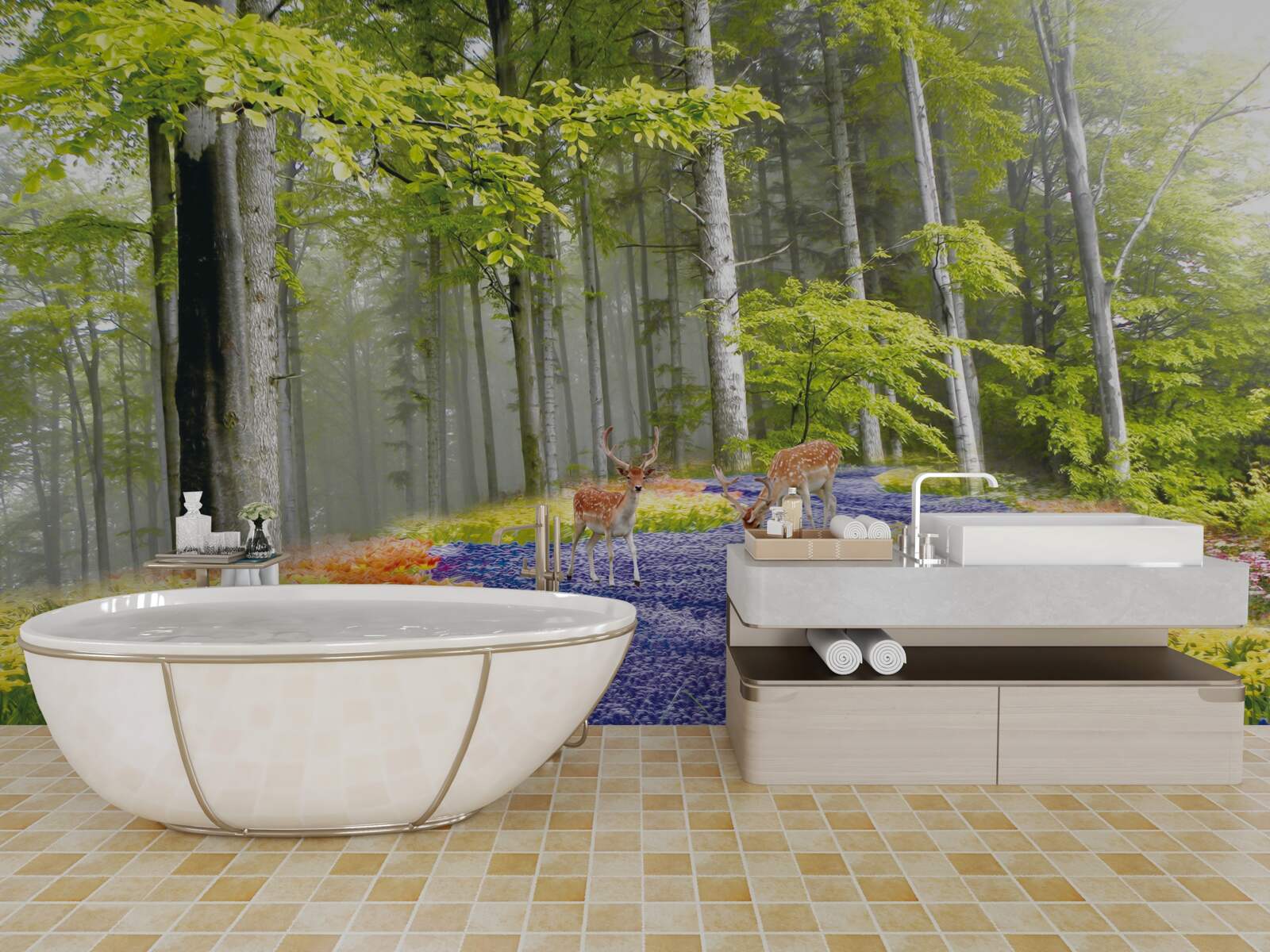 Fotobehang herten lopen door een groen bos