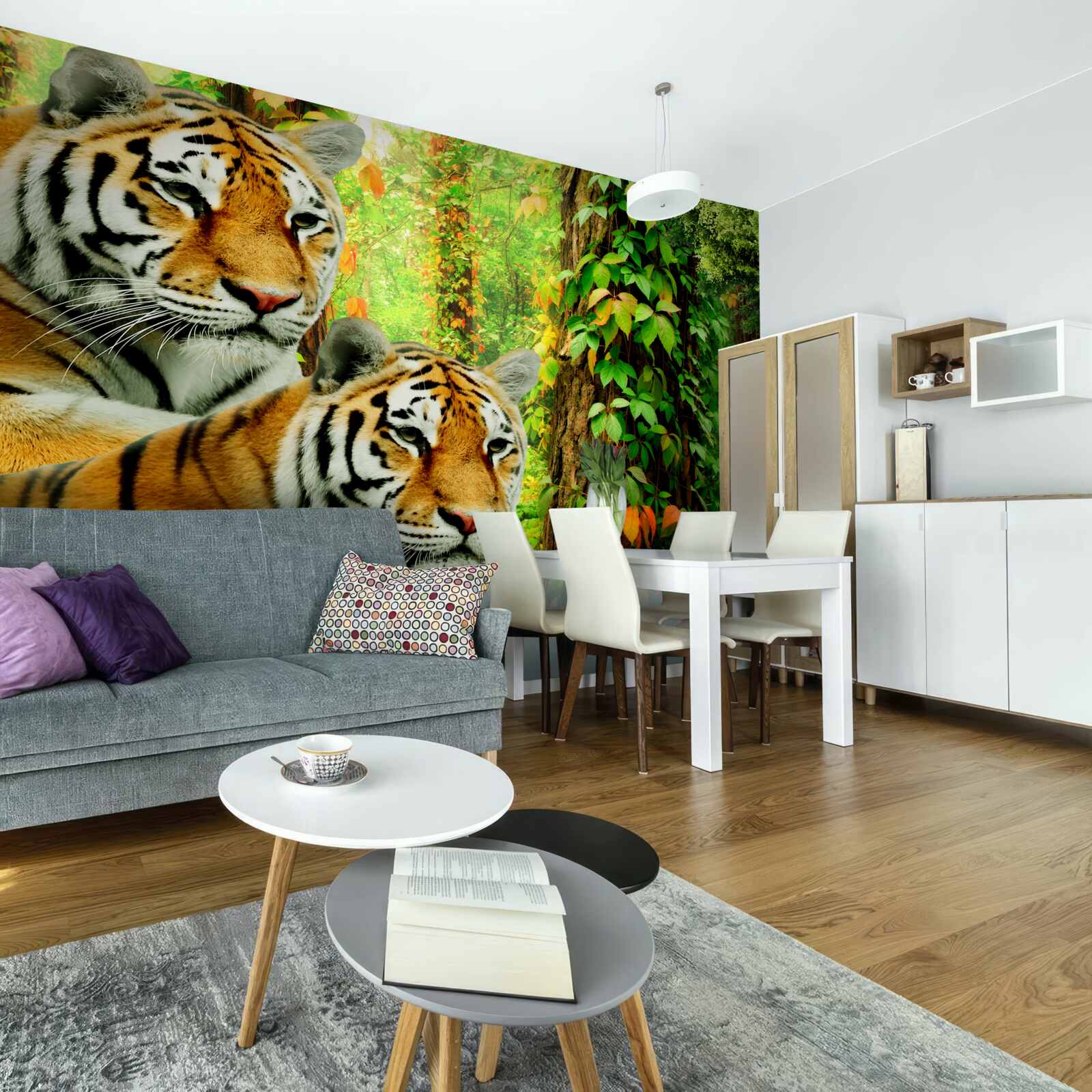 Fotobehang een tijgerfamilie in een groen woud