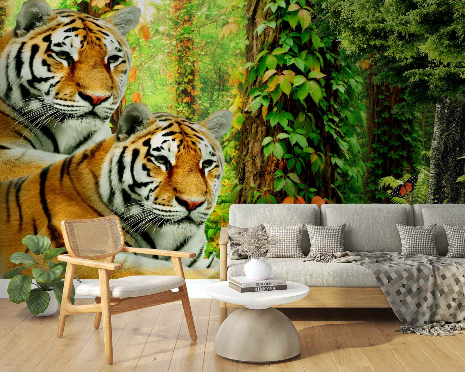 Fotobehang een tijgerfamilie in een groen woud